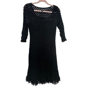 Elana Kattan Black Mesh Witchy Boho Crochet Dress 3/4 Sleeve Fringe Hem Size M